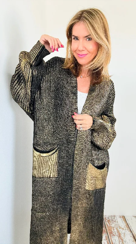 Mirrored Metallic Sugar High Italian Long Cardigan- Black/ Gold