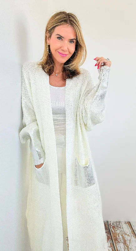 Mirrored Metallic Sugar High Italian Long Cardigan- Ivory/Silver