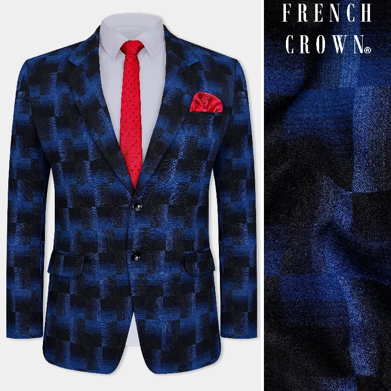 Marine Blue and Black Geometric Pattern Wool Rich Blazer