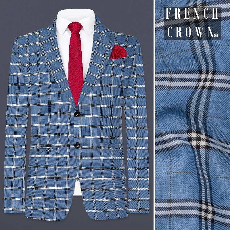 Metalic Blue Plaid Wool Blend Single Breasted Blazer