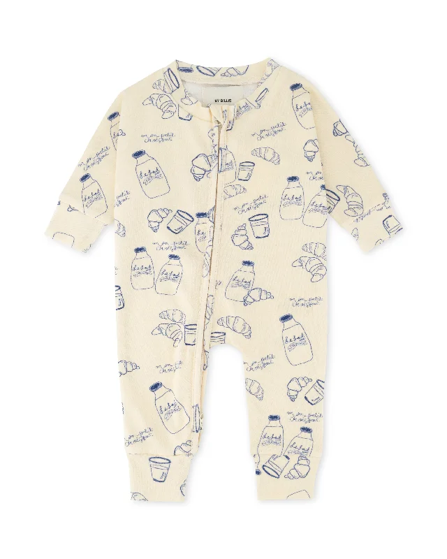 Organic cotton zip onesie - milk & croissant