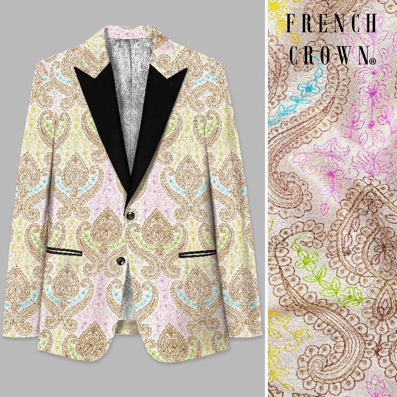 Neon Fuchsia Pink And Starship Yellow MultiColour Embroidered Peak Collar Tuxedo Blazer