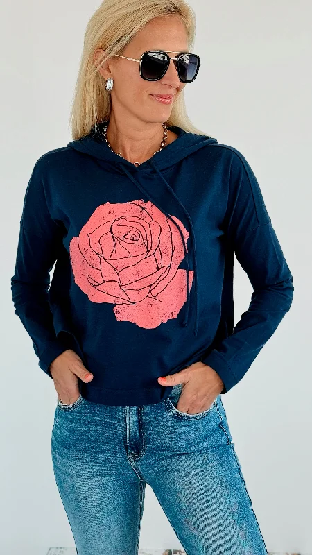 Rose Print Hoodie Sweatshirt - French Navy