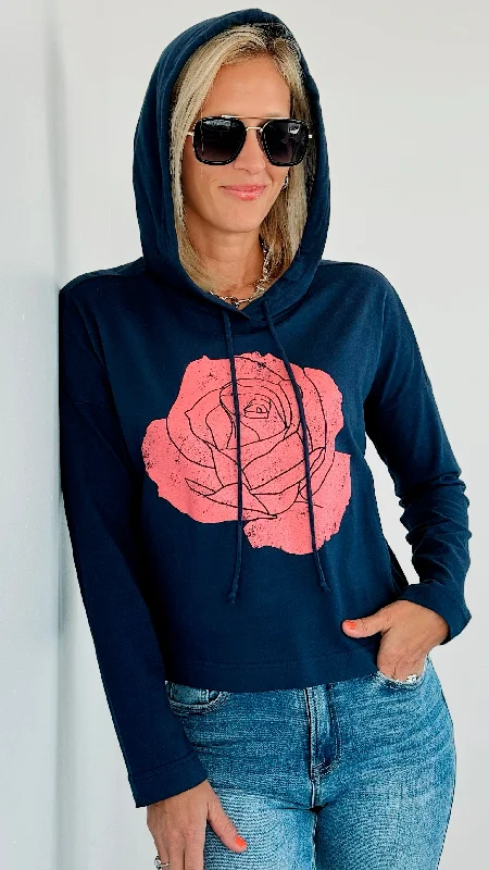 Rose Print Hoodie Sweatshirt - French Navy