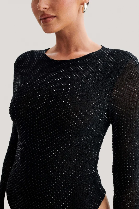 Selma Long Sleeve Diamante Bodysuit - Black/Black