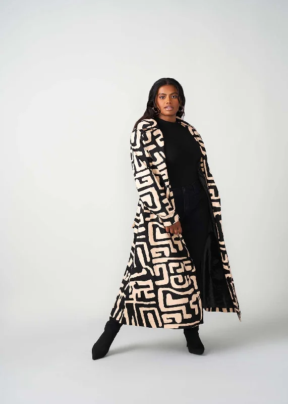 Maizah Women's African Print Maxi Trench Coat (Black Tan Geometric)