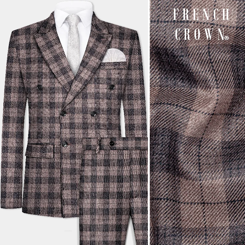 Vampire Brown Checks Plaid Tweed Double Breasted Suit