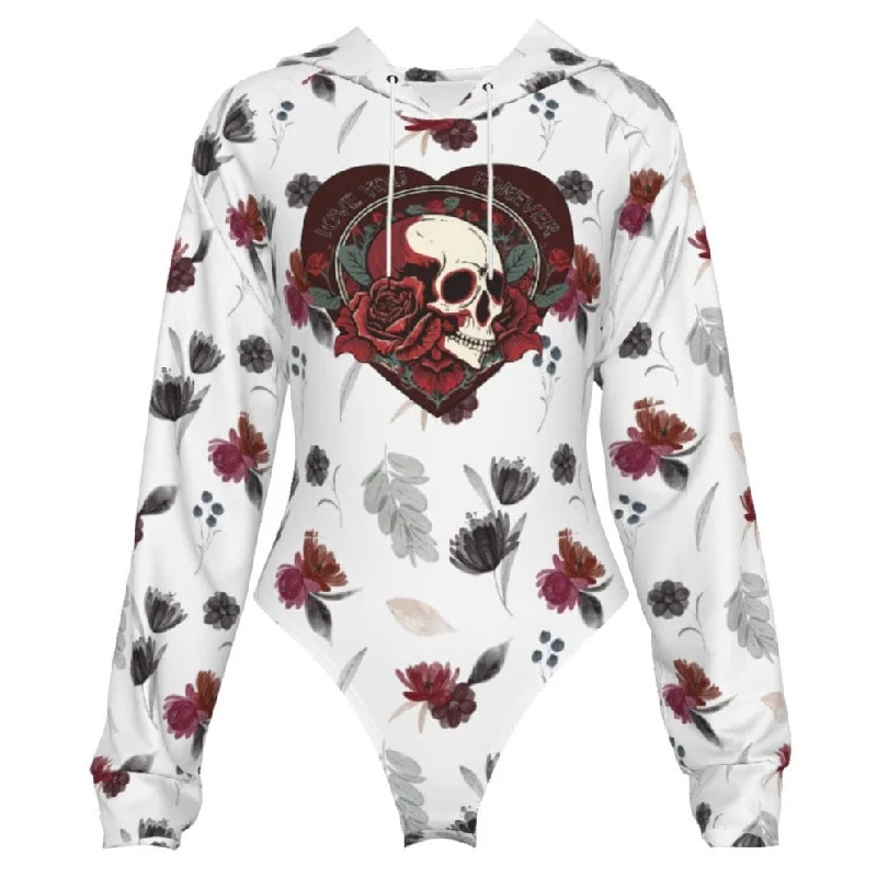 Women's Skull Heart Raglan Sleeve Hooded Bodysuit