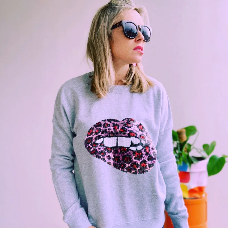 Leopard Lips sweater - heather grey